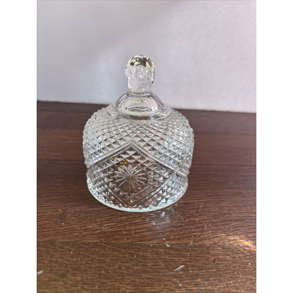 Vintage Clear Pressed Glass Bell Diamond Point Starburst Pattern Decorative 4.5"